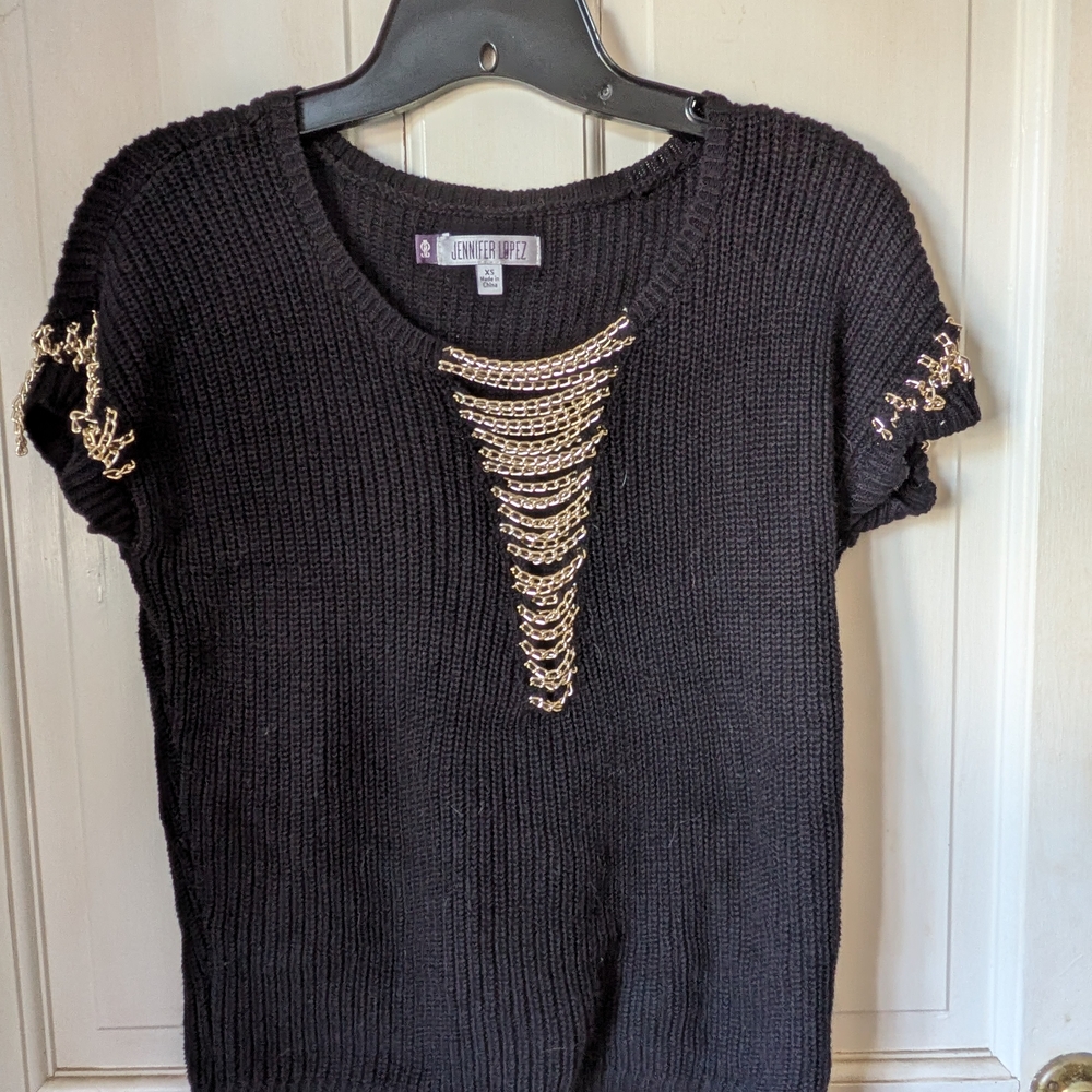 Jennifer Lopez Black Knit Top with Gold Chain Details